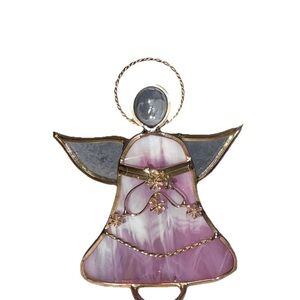Pink Stained Glass Angel with Gold Toned Metal Holding Snowflakes Free Standing